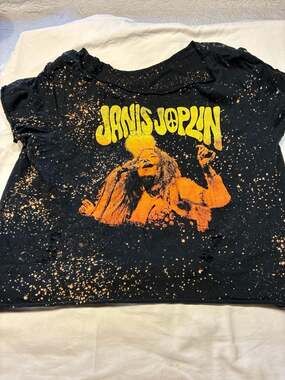 Janis Joplin Bleached Thrashed Fringe Band T-Shirt
